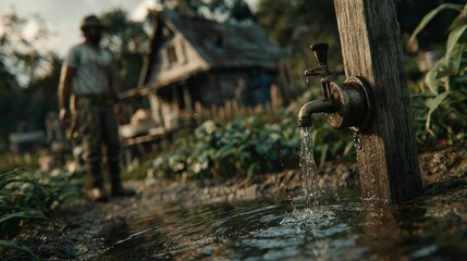 Obraz premium Rural Water Source Rustic Tap Flowing into a Puddle