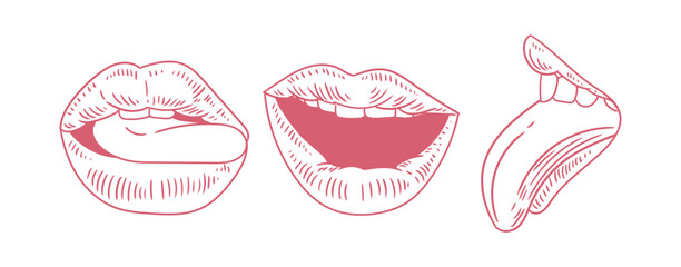 Set of hand-drawn illustrations of lips in a linear style, drawing of mouths with large, original lips for posters, products, or graphic design.