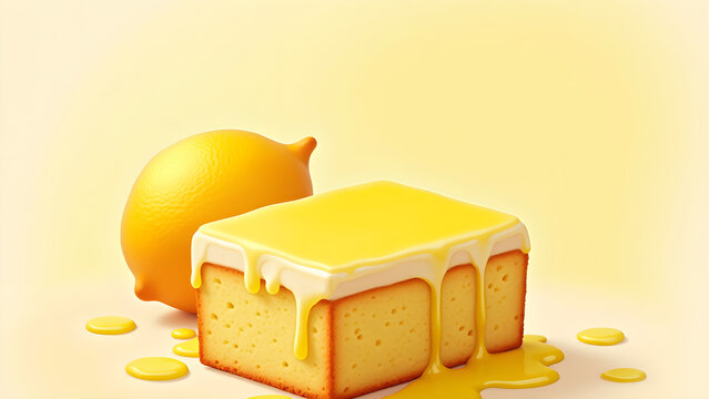 Lemon cake with glaze splashing, dessert background for recipes, patisseries, cafe websites