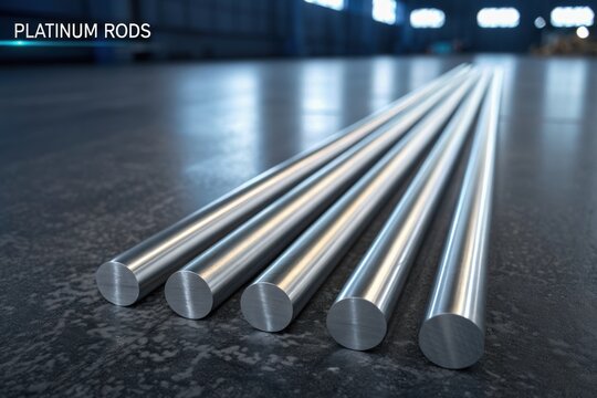 Platinum Metal Fabrication Concept, Platinum rods arranged in parallel lines on a dark background, showcasing sleek, modern aesthetics.