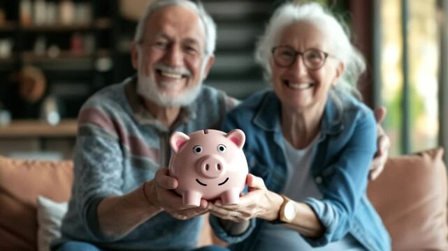 Gl&uuml;ckliches Rentnerpaar mit Sparschwein &ndash; Symbol f&uuml;r finanzielle Sicherheit im Alter. K&uuml;nstliche Intelligenz KI