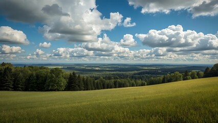 Fototapeta premium Lush Green Field Meets a Canopy of Trees Under a Sunny Sky