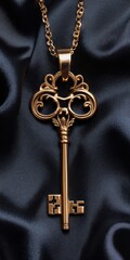 Gold Key Black Background. Closeup of Isolated Key Pendant Adornment on Black Silk