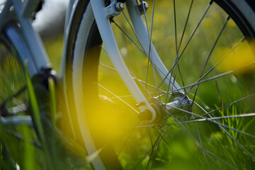 Obraz premium Bicycle wheel in vibrant green grass and yellow flowers