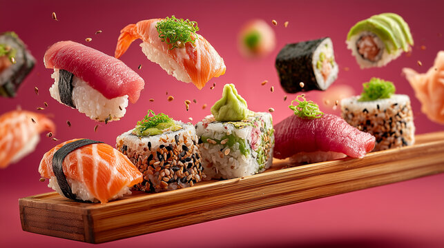 Assorted sushi pieces with salmon, tuna, avocado, and sesame seeds floating above a wooden tray on a pink background. Creative food concept with flying ingredients.