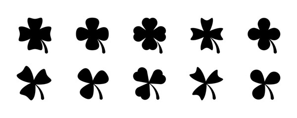 Clover leave icons collection. Flat black clover icons. Clover leaf vector icons. Four leaf clover icons. Clover silhouettes. Vector EPS 10