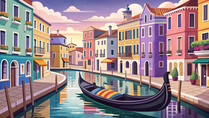 Vector illustration of Venice canal with gondola and colorful houses romantic Italian cityscape perfect for travel, architecture, and cultural destination themes