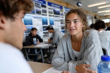A young woman engages in a lively discussion with a male peer in a classroom filled with educational materials, showcasing collaboration and focus on learning.