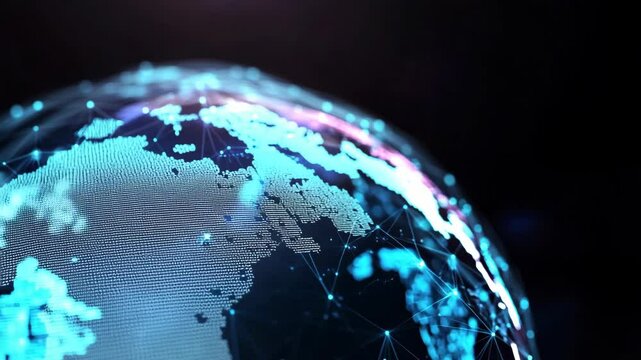 Futuristic video concept of a digital globe with glowing network connections. Low-angle view highlights global connectivity in a tech style. Live desktop wallpaper. - Powered by Adobe