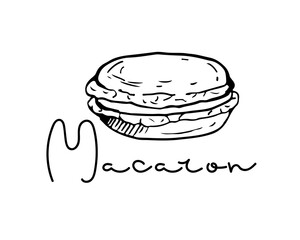 Macaron sketch with Macaron lettering isolated on white background. Text with hand drawn element. Typography poster for cafe, menu, wall art. Hand written brush calligraphy quote. Sweet dessert.