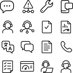 Thin-line call center interface icons set with speech, report, language bubble, and call button.