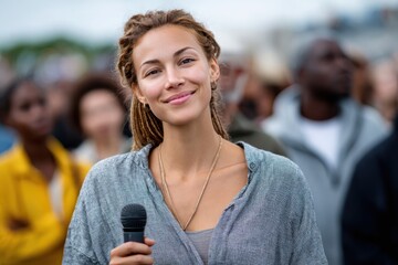 A confident young woman, microphone in hand, captivates an outdoor audience with her infectious smile, embodying charisma, energy, and a passion for public speaking and connection.