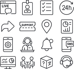 Live chat and support icon set including analytics, support ticket, headset, and bell alert symbols.