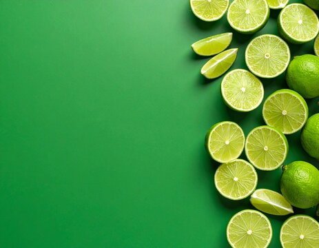 lime slices on mint green background with copy space