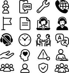 Outlined and filled icons set themed around customer interaction, contact, satisfaction rating, FAQ, alerts, and multilingual support for business services.