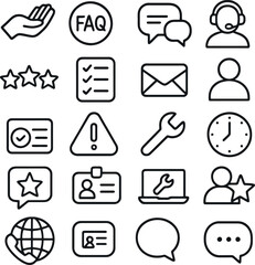 Helpdesk icons with headphones, mobile tools, time tracking, and feedback badges for clean CRM visuals.