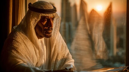A contemplative man in traditional Middle Eastern attire looking out a window at a city skylin