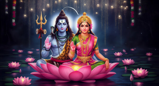 Spiritual artwork of Lord Shiva and Goddess Parvati seated on a lotus in divine harmony