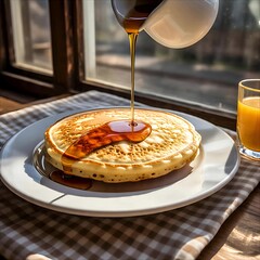 Golden Pancake Delight. Fluffy pancake drizzled with golden maple syrup, perfect breakfast treat by the window.