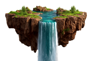 Majestic waterfall flowing from floating island nature landscape serene environment aerial isolated on transparent background