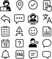 Compact icon pack with call center symbols, emoji feedback, FAQ windows, speech bubbles, checklists and calendars. Great for UI/UX support.