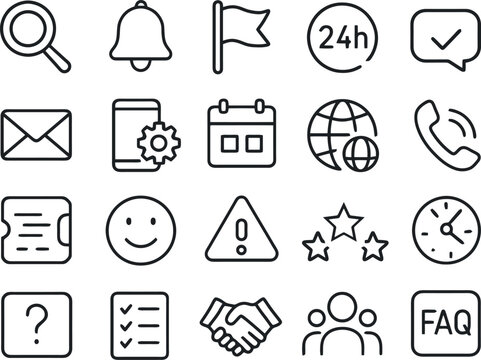 Flat icon collection with alerts, interface tools, calendars, emails, checklists, FAQ, and emoji faces. Great for customer portals.