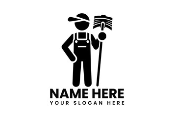 Welcoming black silhouette logo featuring cheerful maintenance worker holding cleaning tools for facility service