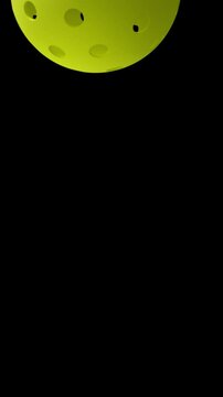 Pickle ball Transition 3d Render, ball move in front of the camera and wipe off, vertical video with black and green background