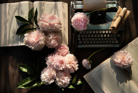 Peonies & old typewriter 
