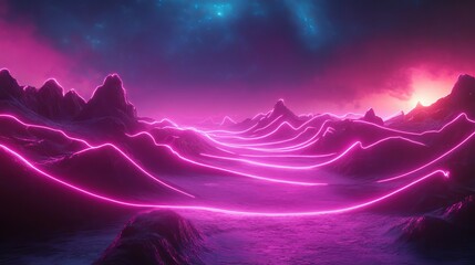 A landscape of rolling hills with neon pink lines under a blue and pink sky with mountain silhouettes