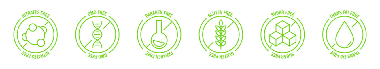 Allergen free ingredients icons. Food allergy icons. Basic allergens. Allergen free products collection. Products warning symbols. EPS 10