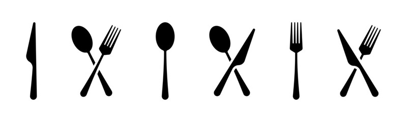 Fork, spoon and knife flat black vector icons. Cutlery silhouette. Silverware silhouettes. Fork spoon knife icon set. Vector