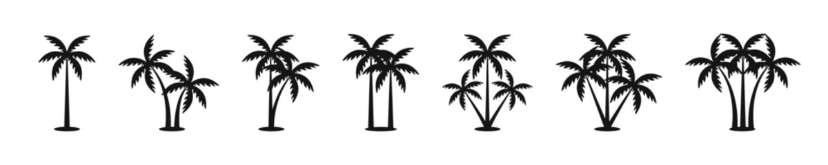 Palm vector icons. Palm silhouettes. Flat black palm trees set isolated on white background. Tropical tree icons. Vector © Jocelyn_Flores