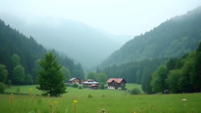 Mountain Village View. Peaceful meadow with trees and houses. Mist rises above green forest hills. Rural scene. Quiet and secluded landscape.