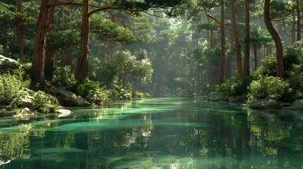 Serene forest river landscape with lush green trees reflecting in tranquil waters ideal for nature backgrounds and peaceful scenery