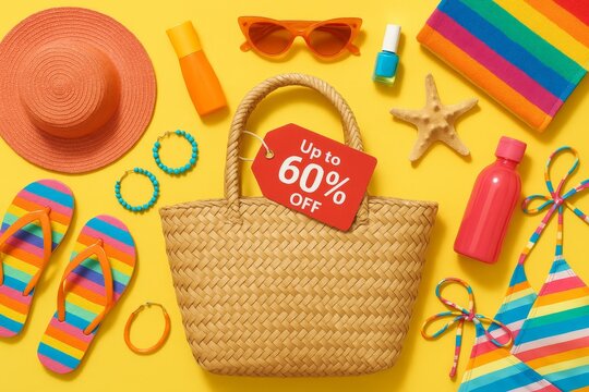 Summer beach essentials with shopping bag and sale tag up to 60% off, ideal for seasonal promotion and retail advertising.








