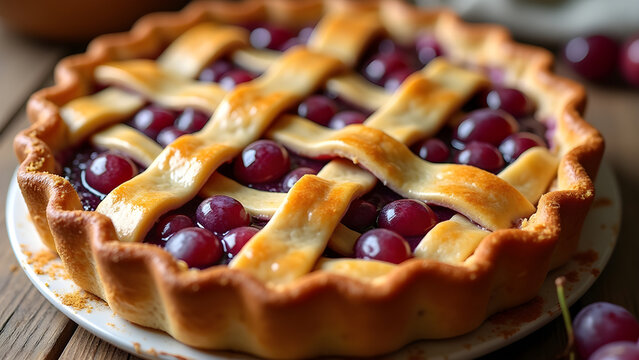 Homemade grape pie with golden lattice crust on table, food blogs, magazines, and bakery ads