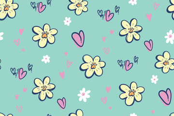 Seamless playful pattern with cartoon flowers and hand-drawn hearts on light blue background. Cute, cheerful, floral design for kids textiles, stationery, wrapping paper.