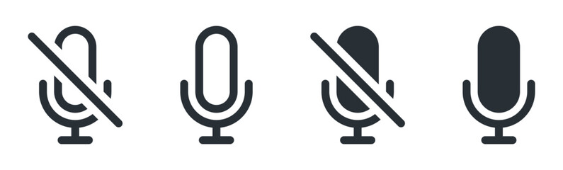 microphone icons, including mute and active versions, for audio audio, podcast, communication, media apps. technology and media interfaces in outline and solid styles