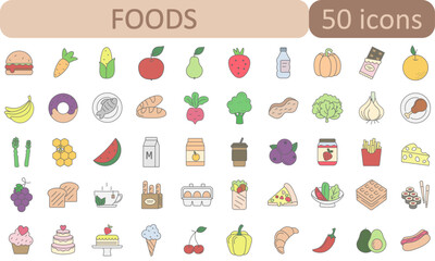 Colorful flat food icons set. Includes fruits, vegetables, desserts, drinks, fast food, and healthy meals. Perfect for apps, websites, menus, and infographics.
