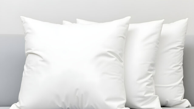 White pillows sit neatly on a light gray sofa against a soft wall