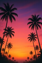 Obraz premium Silhouetted palm trees against a glowing tropical sunset sky, perfect for vacation, travel, or summer nature themes.