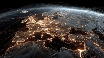 Aerial view of europe at night showing city lights and flight paths from space perspective rendering