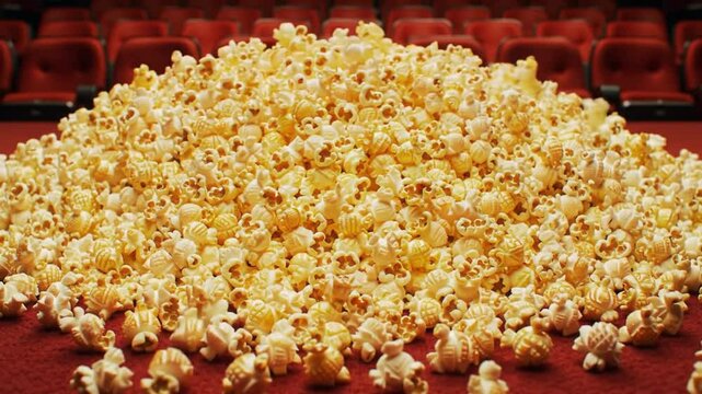 A large pile of popcorn on a red surface with theater seats in the background view