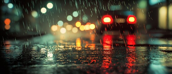 Rainy Night Cityscape with Wet Pavement and Colorful Reflections