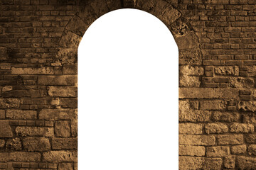 front view of ancient historical gate door frame window with architectural stone arcade archway and surrounding wall under bridge as background. white mockup mock up mock-up  template blank empty