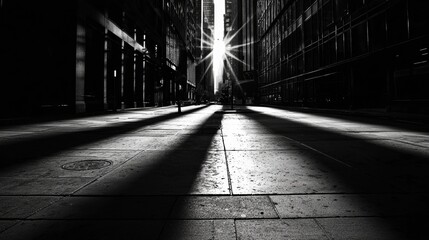 Monochrome Cityscape with Dramatic Light and Shadow Play