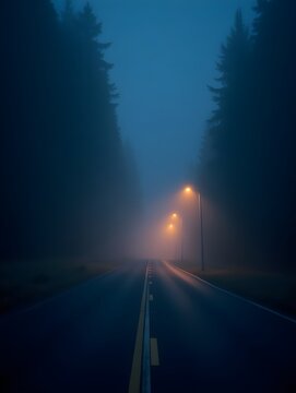 Mysterious Night Road in Fog Dual-Colored Lights Illuminate a Foggy Asphalt Path
