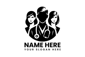 Modern black vector logo featuring diverse medical professionals including male physician with stethoscope and female coworkers