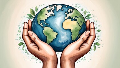 gentle watercolor hands carefully hold planet earth symbolizing care